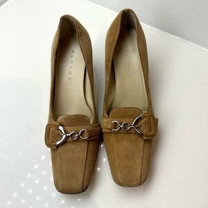 Vintage Suede Tan Block Buckle Heels